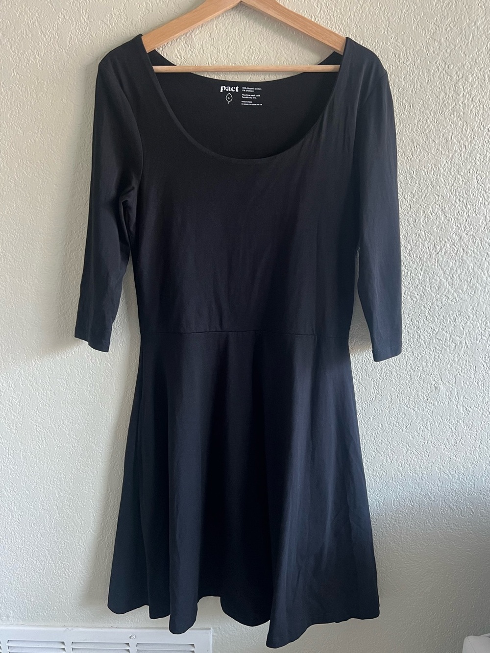 Pact Organic Cotton Black Fit and Flare Dress 3/4 Sleeve Size Large Layering